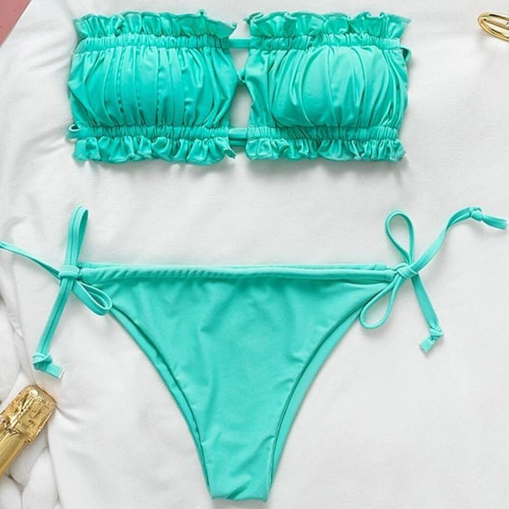 Womens Sexy Thong Bikini Set Ruffle Swimsuit Micro Bandeau 2 Piece Bathing Suit